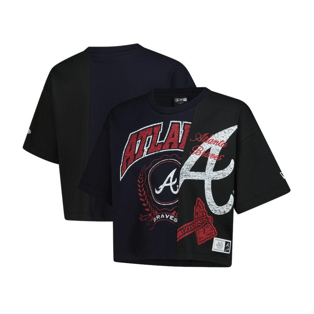 Atlanta Braves Women's Upcycled Colorblocked Boxy Cropped T-Shirt - Navy | New Era