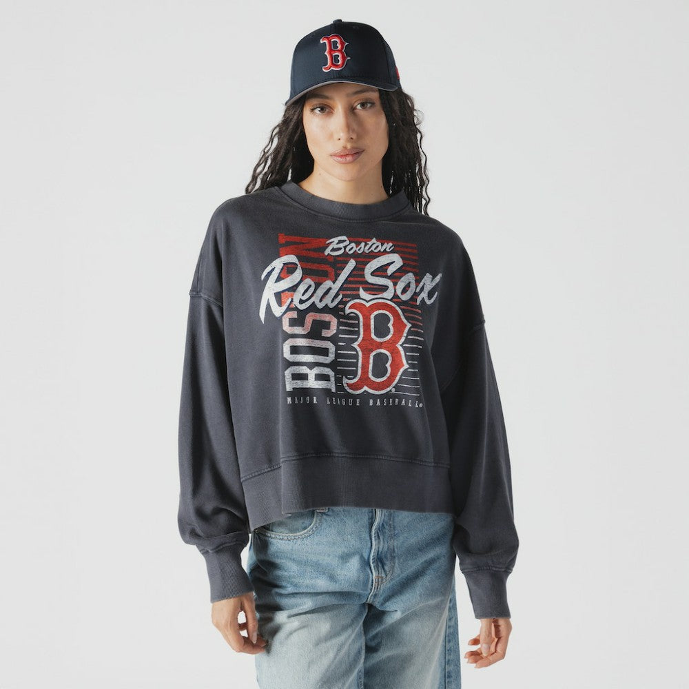 Boston Red Sox Women's Boxy Mineral Wash Dolmen Sleeve Cropped Sweatshirt - Navy | New Era