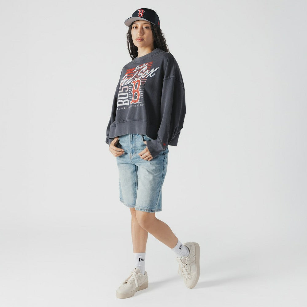 Boston Red Sox Women's Boxy Mineral Wash Dolmen Sleeve Cropped Sweatshirt - Navy | New Era