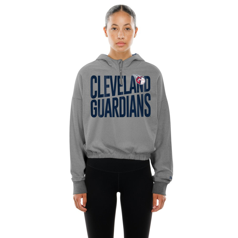 Cleveland Guardians Women's Reversed Out French Terry Quarter-Zip Banded Crop Hoodie - Heather Gray | New Era