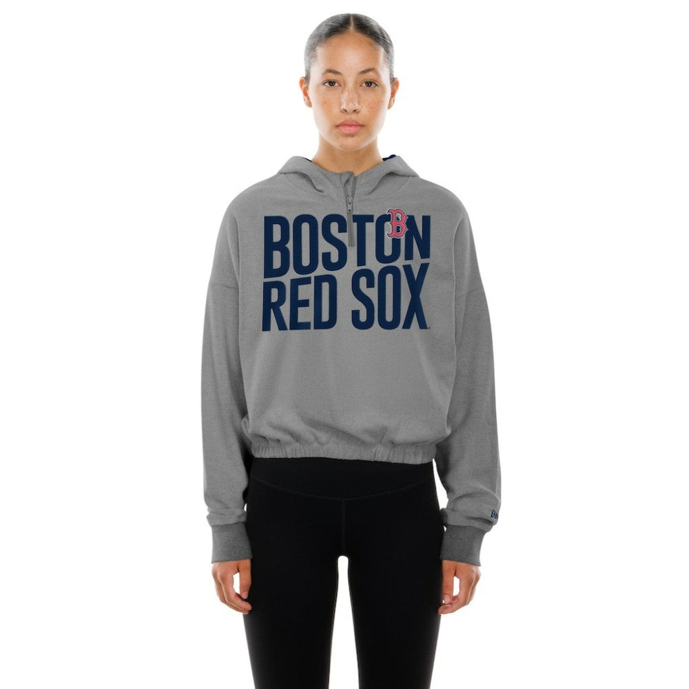 Boston Red Sox Women's Reversed Out French Terry Quarter-Zip Banded Crop Hoodie - Heather Gray | New Era