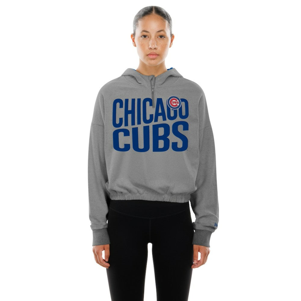 Chicago Cubs Women's Reversed Out French Terry Quarter-Zip Banded Crop Hoodie - Heather Gray | New Era