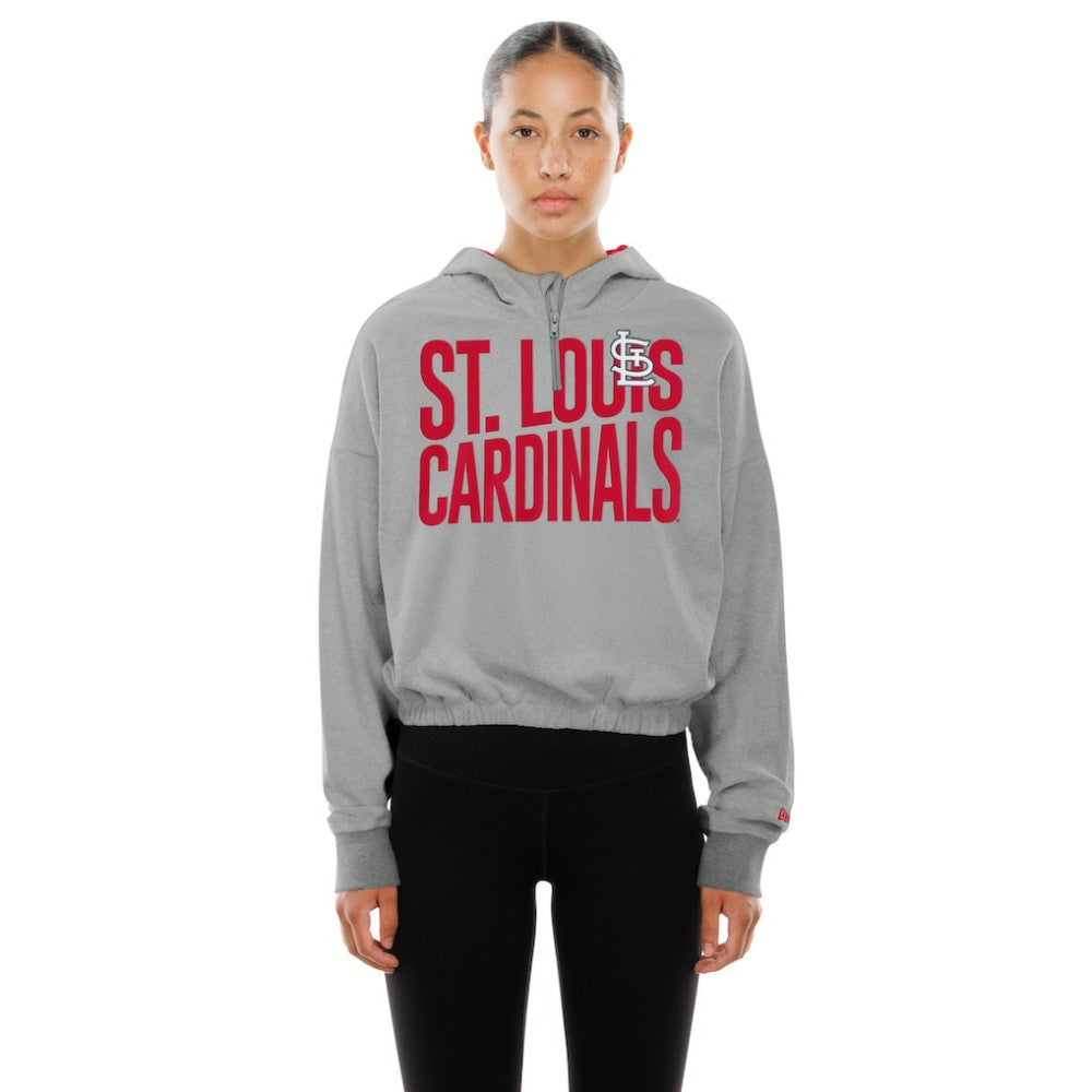 St. Louis Cardinals Women's Reversed Out French Terry Quarter-Zip Banded Crop Hoodie - Heather Gray | New Era