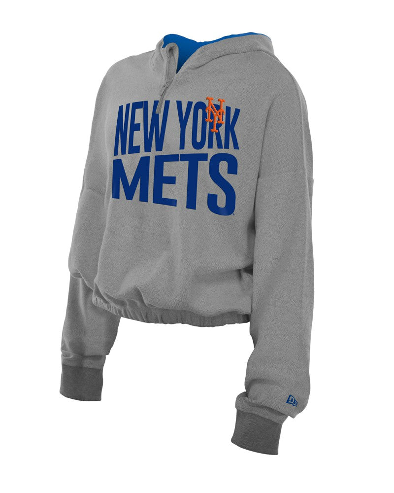 New York Mets Women's Reversed Out French Terry Quarter-Zip Banded Crop Hoodie - Heather Gray | New Era