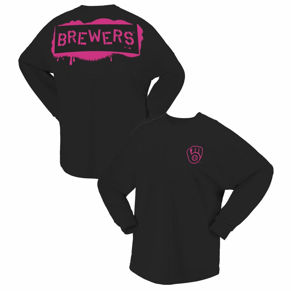 Milwaukee Brewers Women's Neon Jersey Long Sleeve T-Shirt - Black