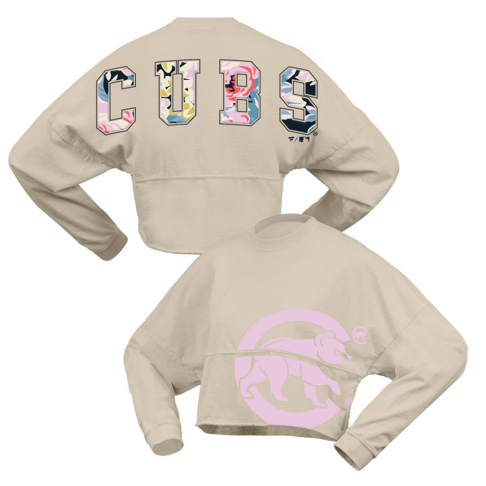 Chicago Cubs Women's Floral Preppy Cropped Long Sleeve T-Shirt - Cream