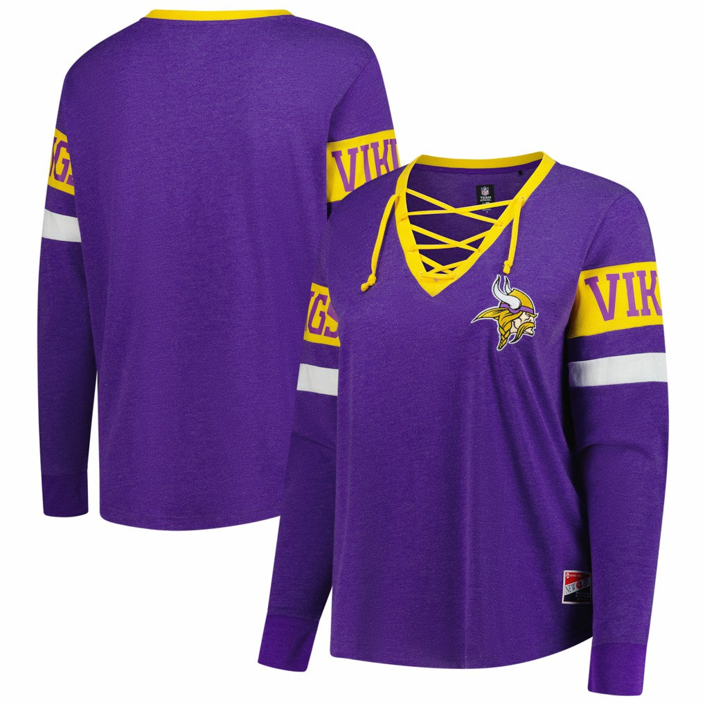 NFL Minnesota Vikings Women's Plus Size Throwback Lace-Up Long Sleeve T-Shirt