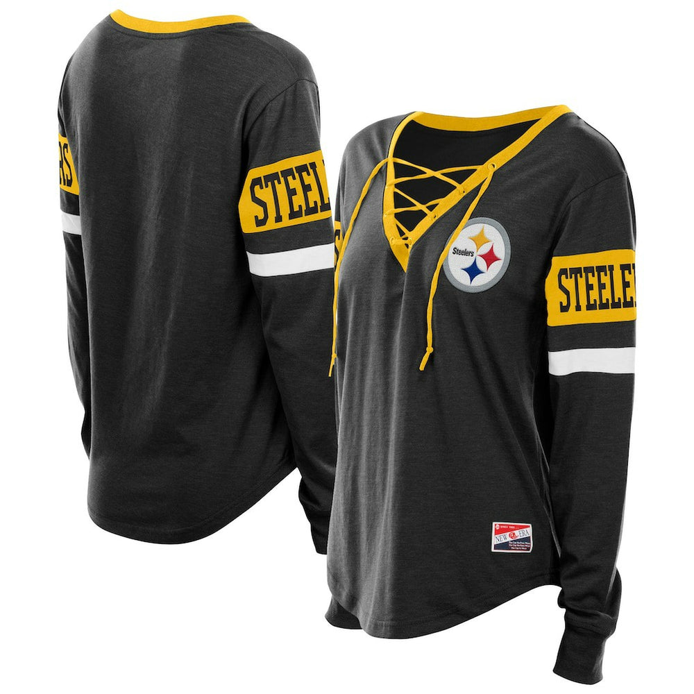 NFL Pittsburgh Steelers Women's Plus Size Throwback Lace-Up Long Sleeve T-Shirt