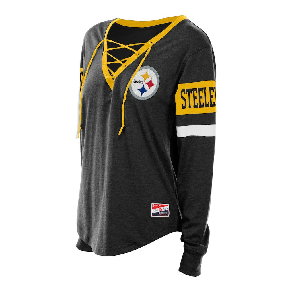 NFL Pittsburgh Steelers Women's Plus Size Throwback Lace-Up Long Sleeve T-Shirt