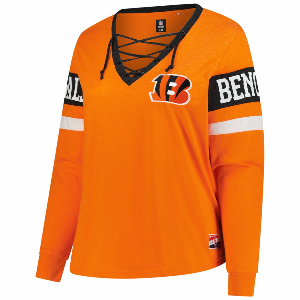 NFL Cincinnati Bengals Women's Plus Size Throwback Lace-Up Long Sleeve T-Shirt