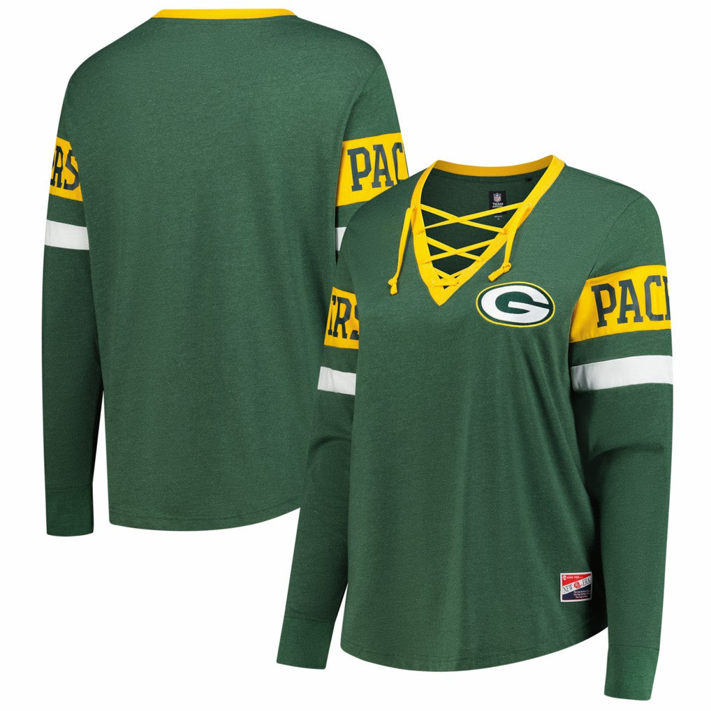 NFL Green Bay Packers Women's Plus Size Throwback Lace-Up Long Sleeve T-Shirt
