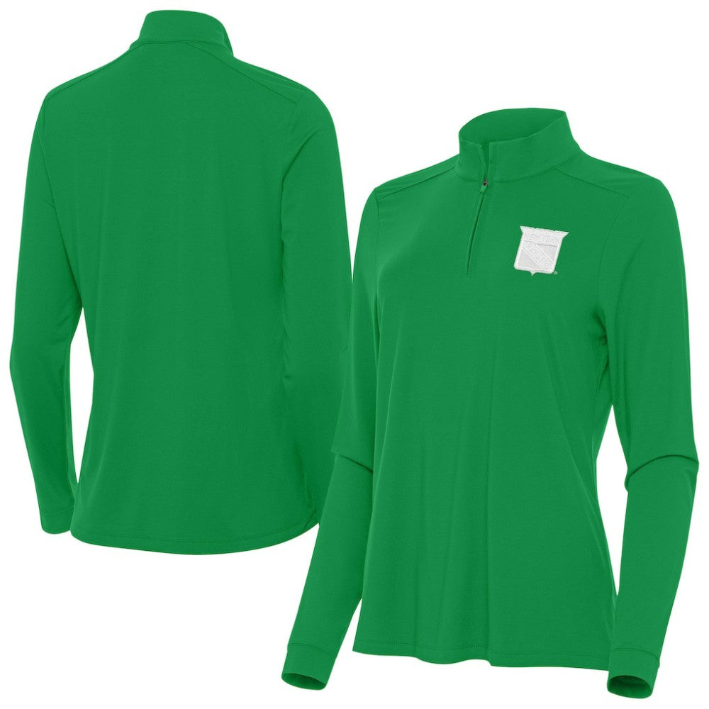 New York Rangers Antigua Women's St. Patrick's Day Intent Quarter-Zip Performance Pullover
