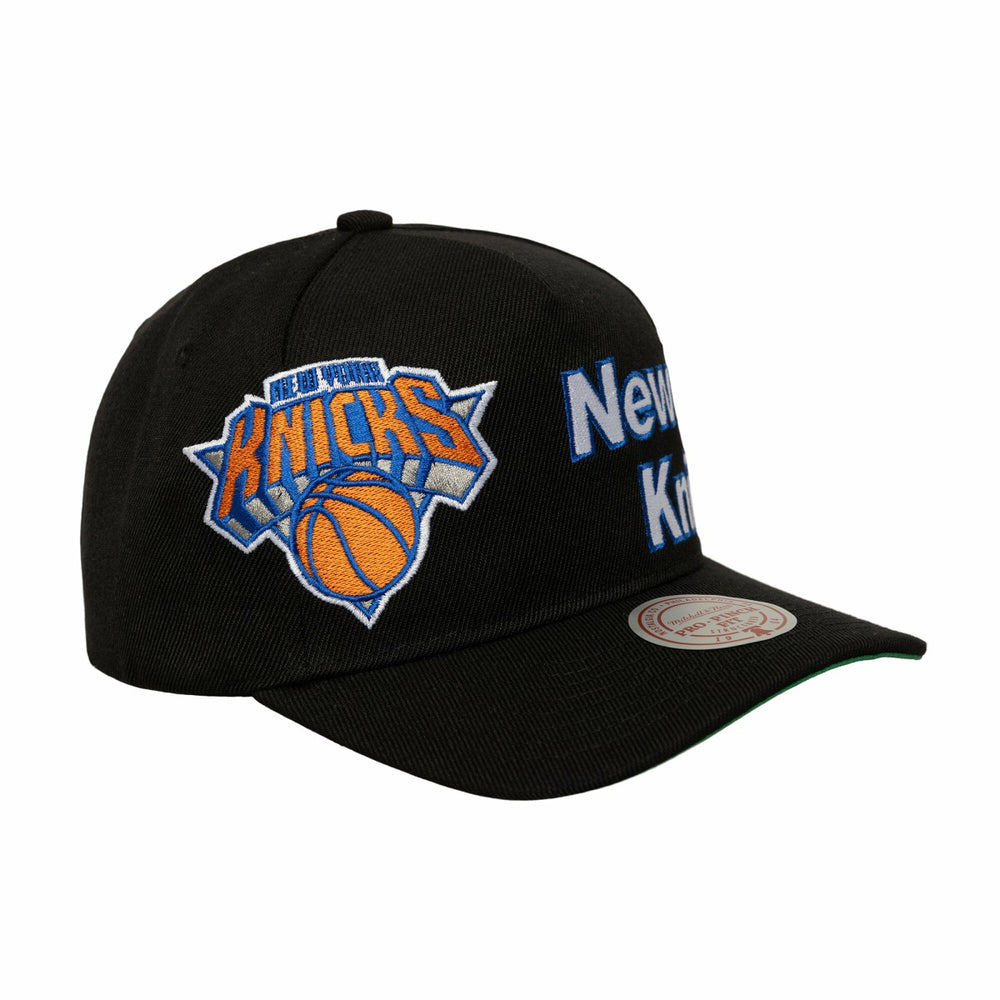 New York Knicks Busted Logo Wordmark Wrap-Around Pro Pinch Adjustable Hat - Black | Mitchell & Ness discount