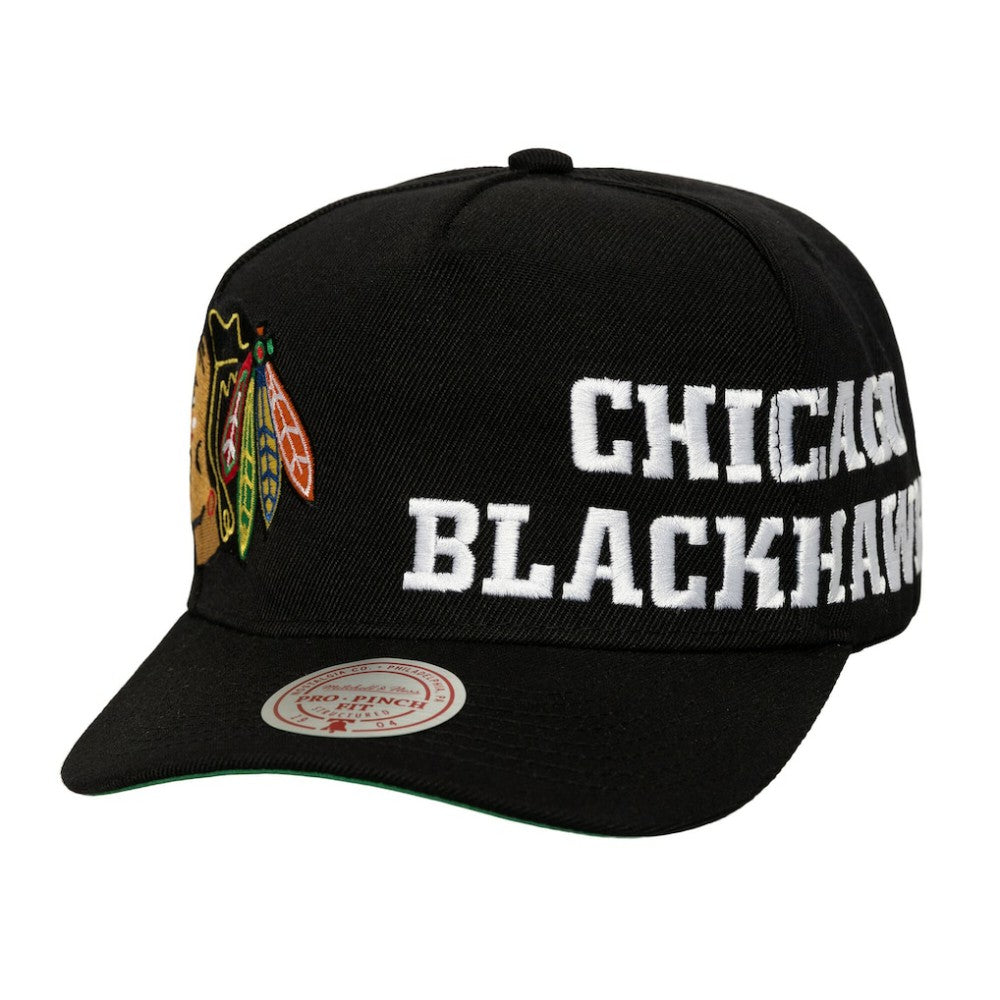 Chicago Blackhawks Mitchell & Ness Busted Logo Wordmark Wrap Around Pro Pinch Adjustable Hat