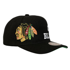 Chicago Blackhawks Mitchell & Ness Busted Logo Wordmark Wrap Around Pro Pinch Adjustable Hat