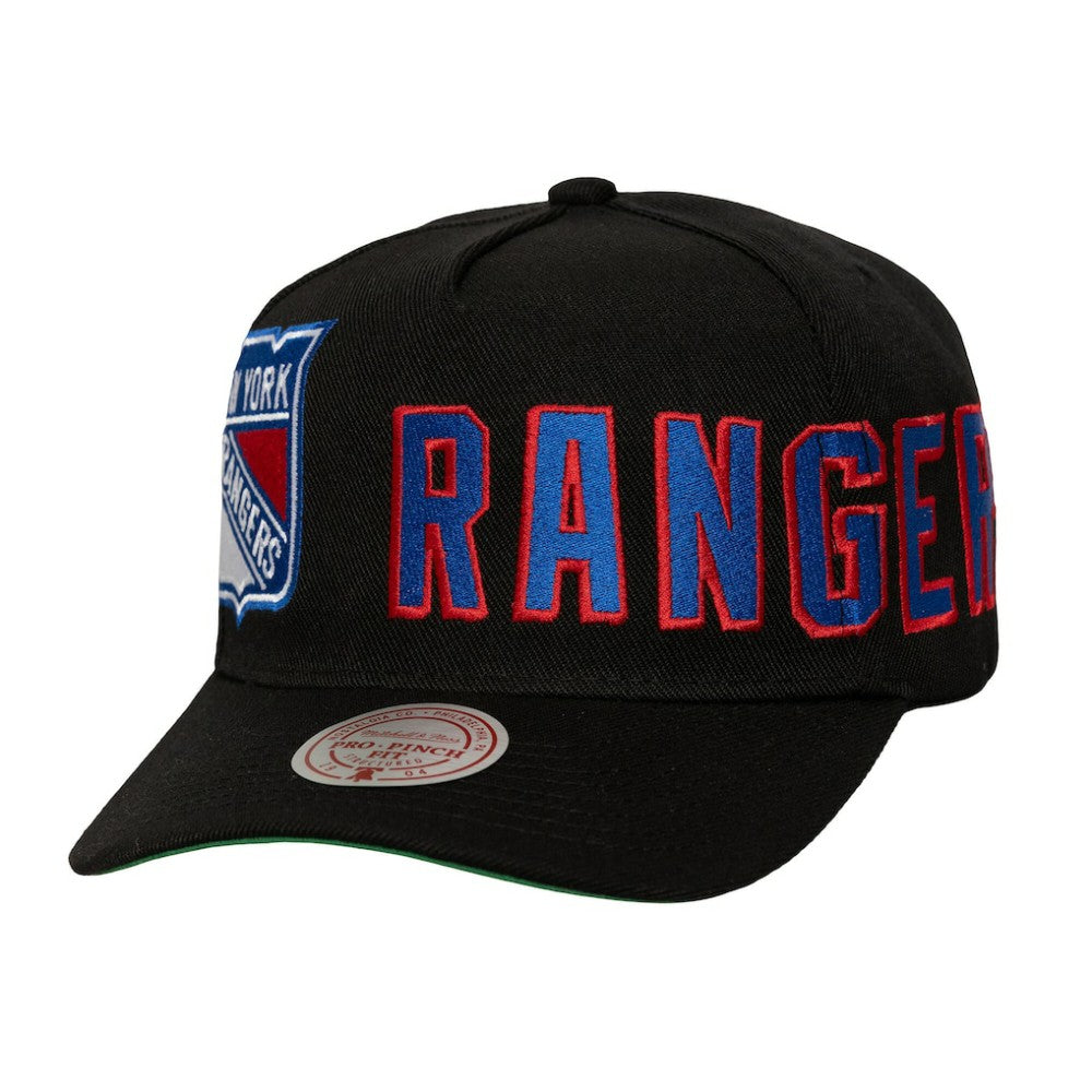 New York Rangers Mitchell & Ness Busted Logo Wordmark Wrap-Around Pro Pinch Adjustable Hat