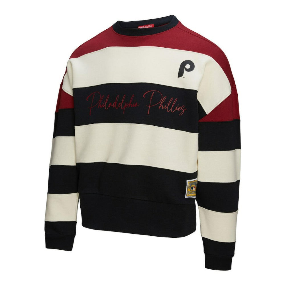 Philadelphia Phillies Women's Cooperstown Collection Blocked Fleece Pullover Sweatshirt- Burgundy/Black | Mitchell & Ness