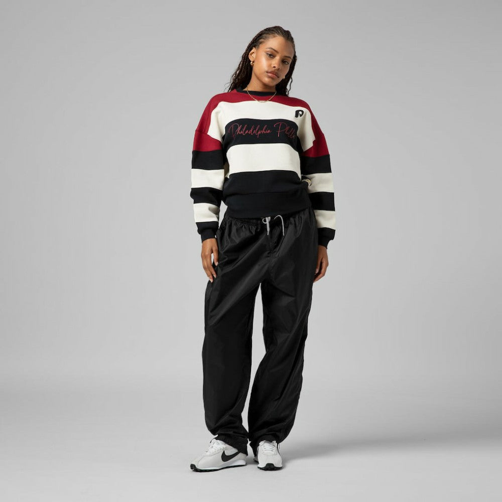 Philadelphia Phillies Women's Cooperstown Collection Blocked Fleece Pullover Sweatshirt- Burgundy/Black | Mitchell & Ness