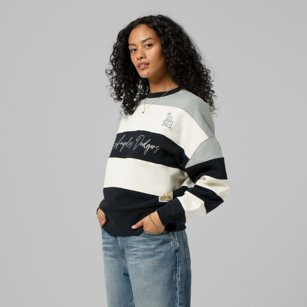 Los Angeles Dodgers Women's Cooperstown Collection Blocked Fleece Pullover Sweatshirt- Gray/Black | Mitchell & Ness