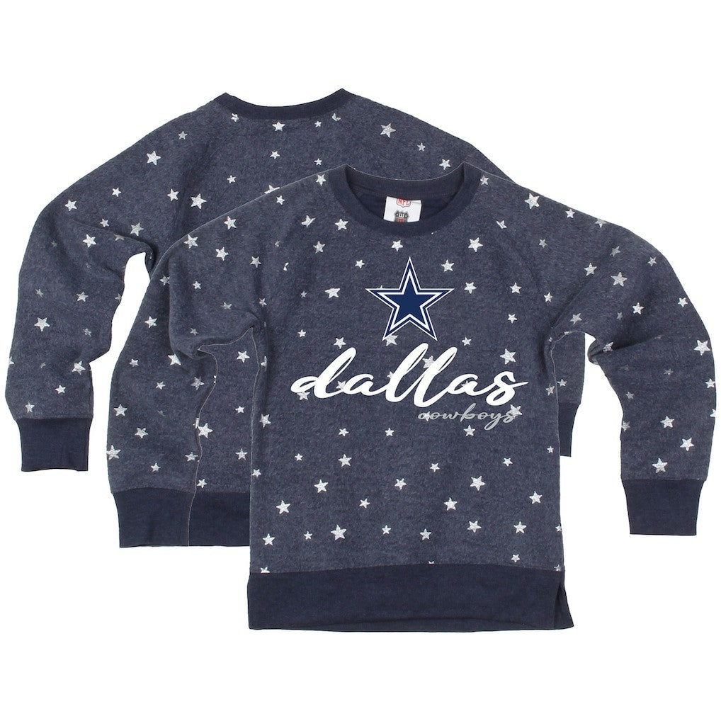 NFL Dallas Cowboys Wes & Willy Girls Youth Shimmer Star Reverse Fleece Pullover Sweatshirt