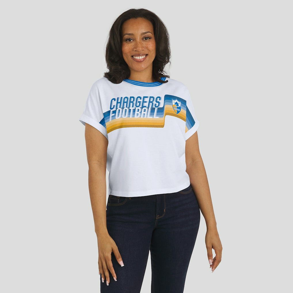 NFL Los Angeles Chargers WEAR by Erin Andrews Women's Cropped Center Stripe Dolman T-Shirt