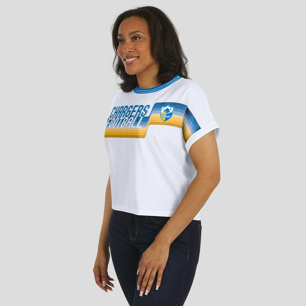 NFL Los Angeles Chargers WEAR by Erin Andrews Women's Cropped Center Stripe Dolman T-Shirt