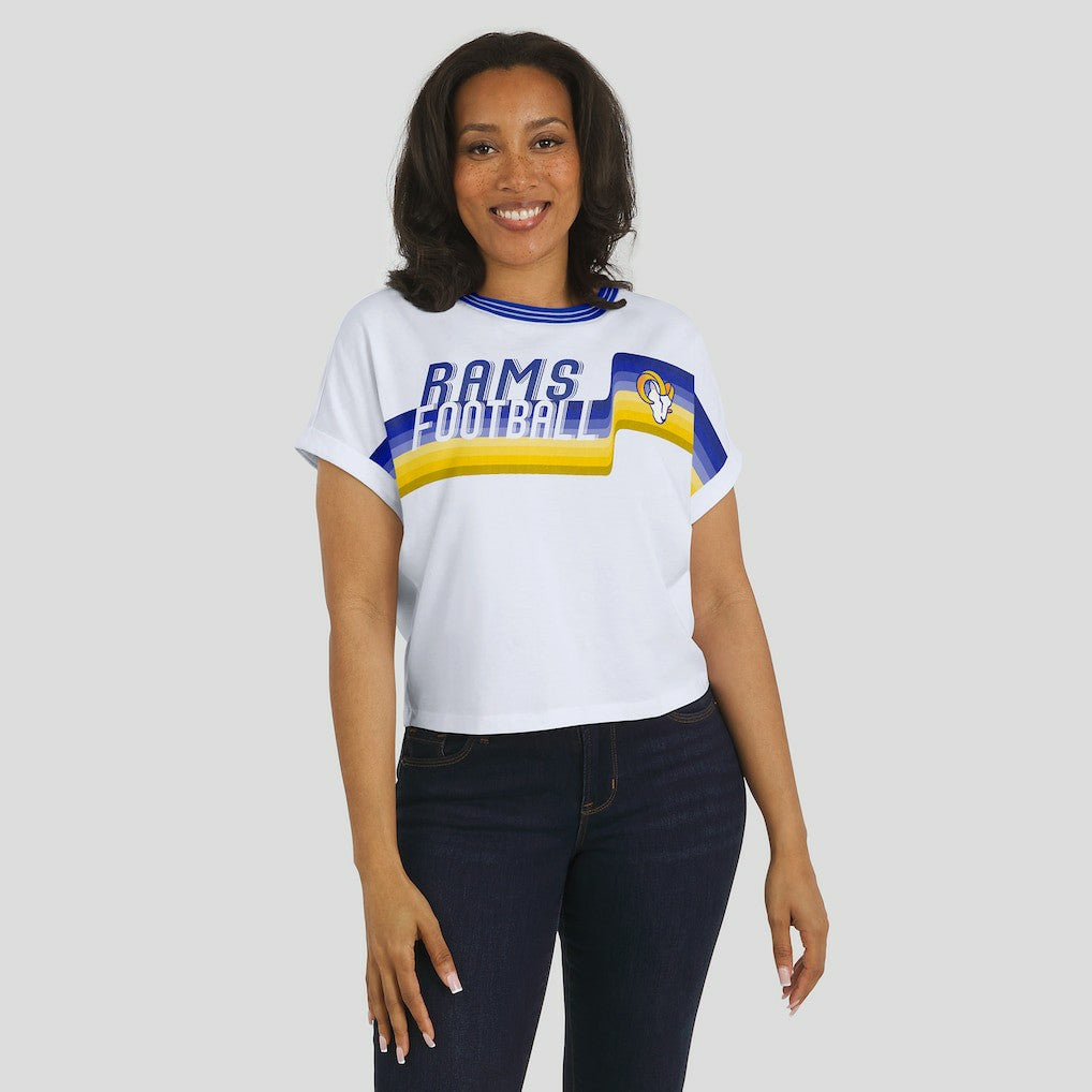 NFL Los Angeles Rams WEAR by Erin Andrews Women's Cropped Center Stripe Dolman T-Shirt