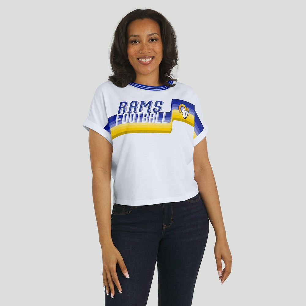 NFL Los Angeles Rams WEAR by Erin Andrews Women's Cropped Center Stripe Dolman T-Shirt