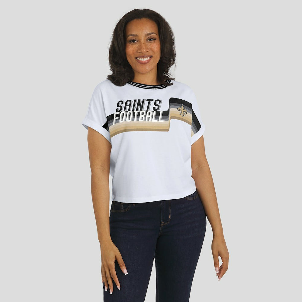 NFL New Orleans Saints WEAR by Erin Andrews Women's Cropped Center Stripe Dolman T-Shirt