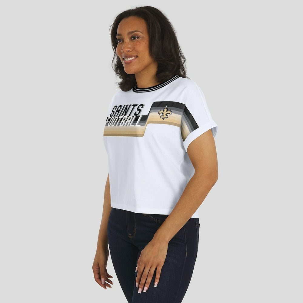 NFL New Orleans Saints WEAR by Erin Andrews Women's Cropped Center Stripe Dolman T-Shirt