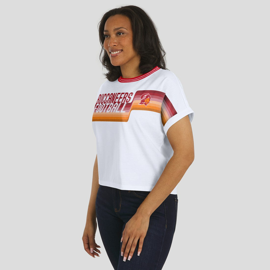 NFL Tampa Bay Buccaneers WEAR by Erin Andrews Women's Cropped Center Stripe Dolman T-Shirt