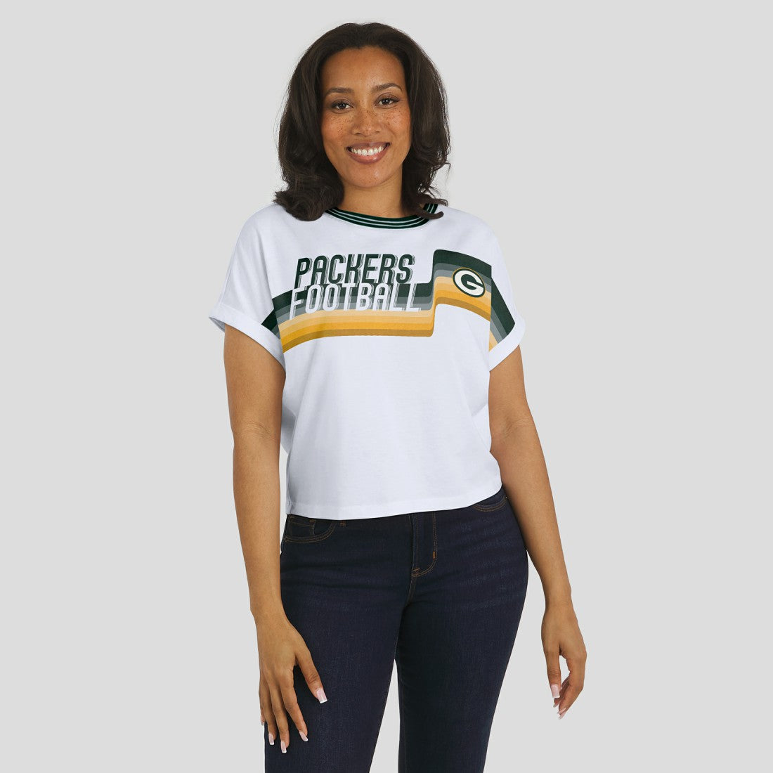 NFL Green Bay Packers WEAR by Erin Andrews Women's Cropped Center Stripe Dolman T-Shirt