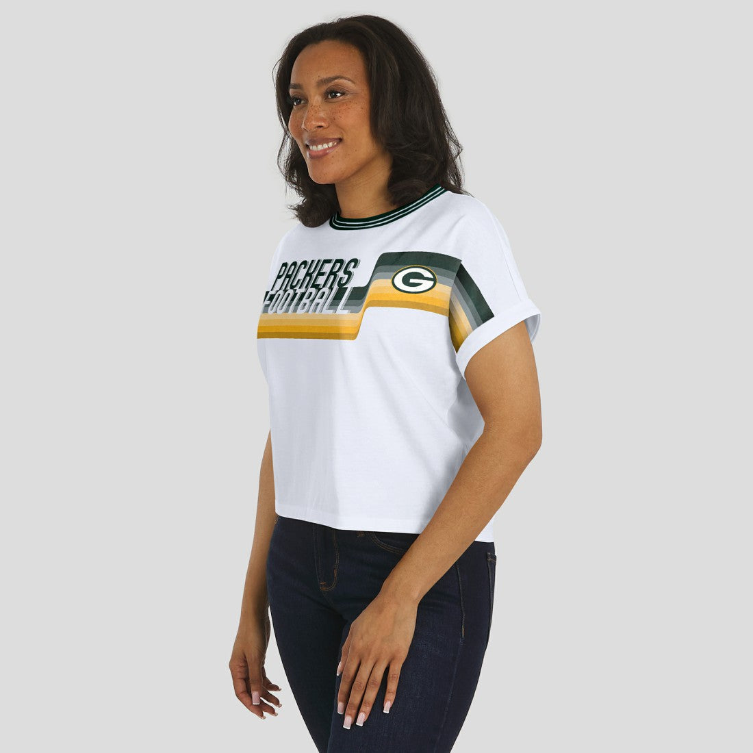 NFL Green Bay Packers WEAR by Erin Andrews Women's Cropped Center Stripe Dolman T-Shirt