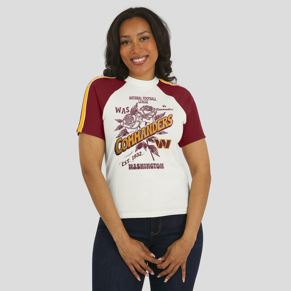 NFL Washington Commanders WEAR by Erin Andrews Women's Sleeve Stripe Distressed Raglan T-Shirt