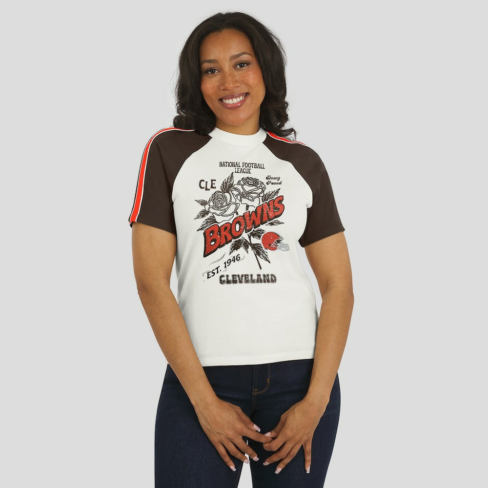 NFL Cleveland Browns WEAR by Erin Andrews Women's Sleeve Stripe Distressed Raglan T-Shirt
