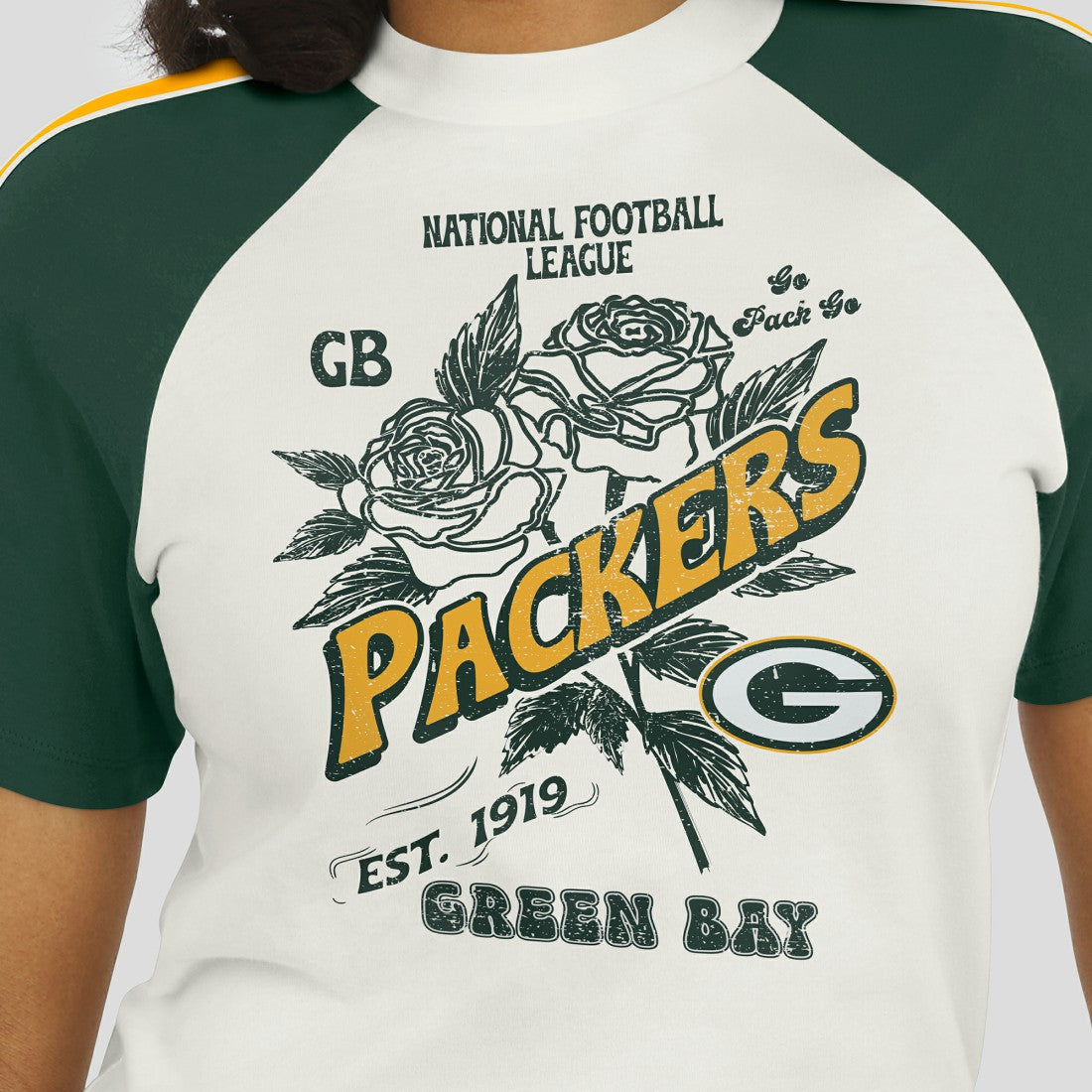 NFL Green Bay Packers WEAR by Erin Andrews Women's Sleeve Stripe Distressed Raglan T-Shirt