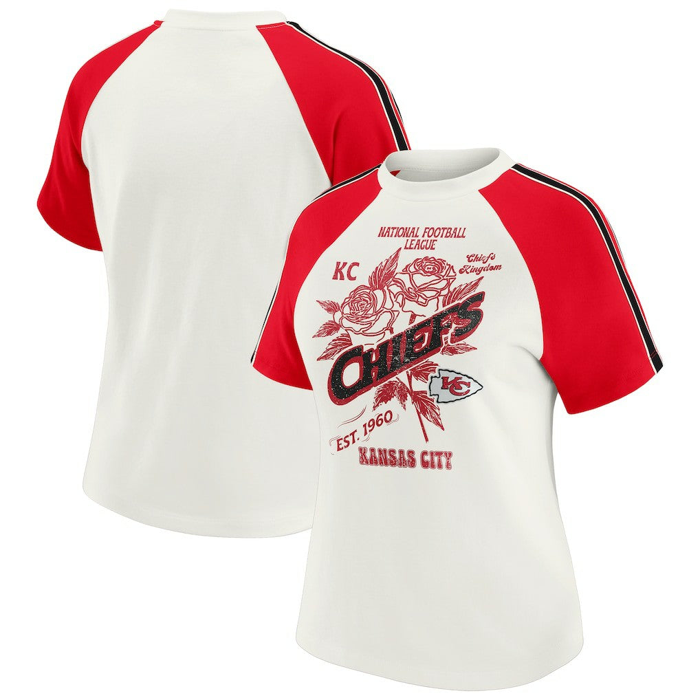 NFL Kansas City Chiefs WEAR by Erin Andrews Women's Sleeve Stripe Distressed Raglan T-Shirt