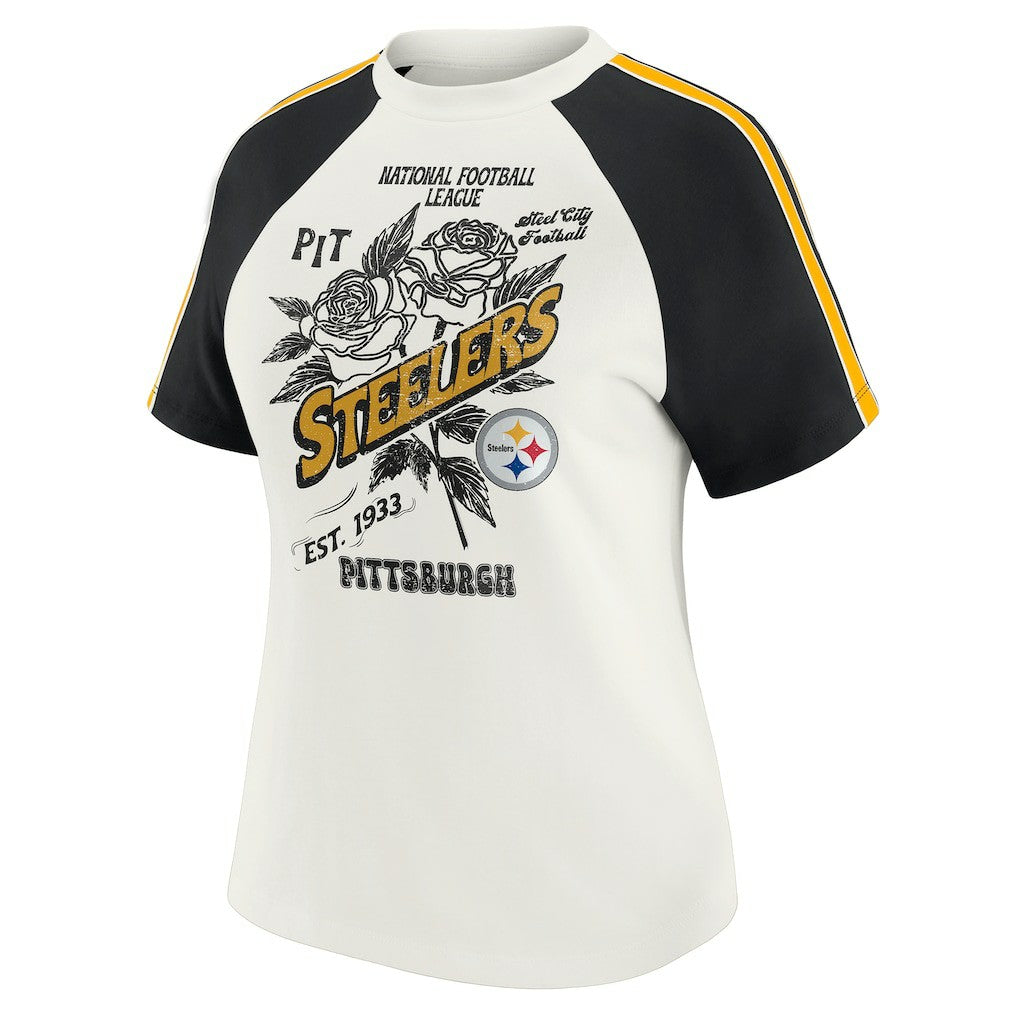NFL Pittsburgh Steelers WEAR by Erin Andrews Women's Sleeve Stripe Distressed Raglan T-Shirt