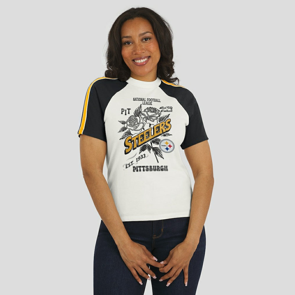 NFL Pittsburgh Steelers WEAR by Erin Andrews Women's Sleeve Stripe Distressed Raglan T-Shirt