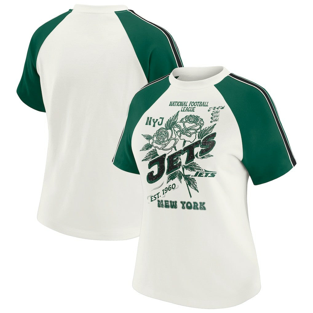 NFL New York Jets WEAR by Erin Andrews Women's Sleeve Stripe Distressed Raglan T-Shirt