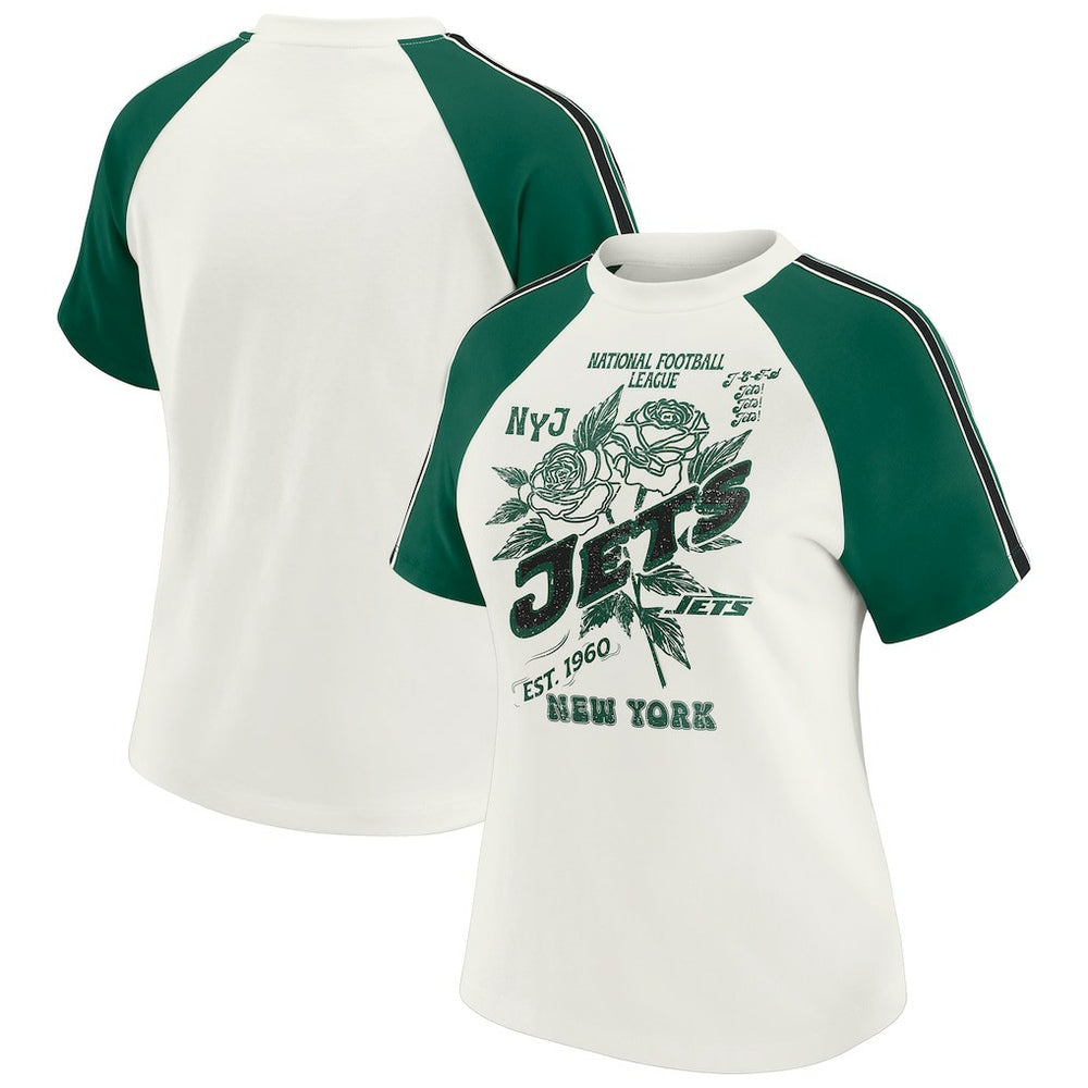 NFL New York Jets WEAR by Erin Andrews Women's Sleeve Stripe Distressed Raglan T-Shirt