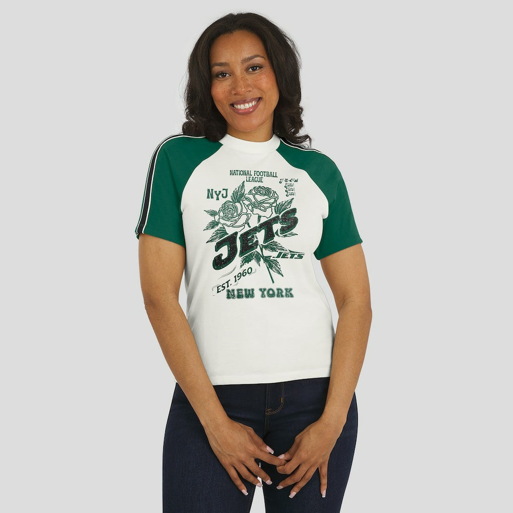 NFL New York Jets WEAR by Erin Andrews Women's Sleeve Stripe Distressed Raglan T-Shirt