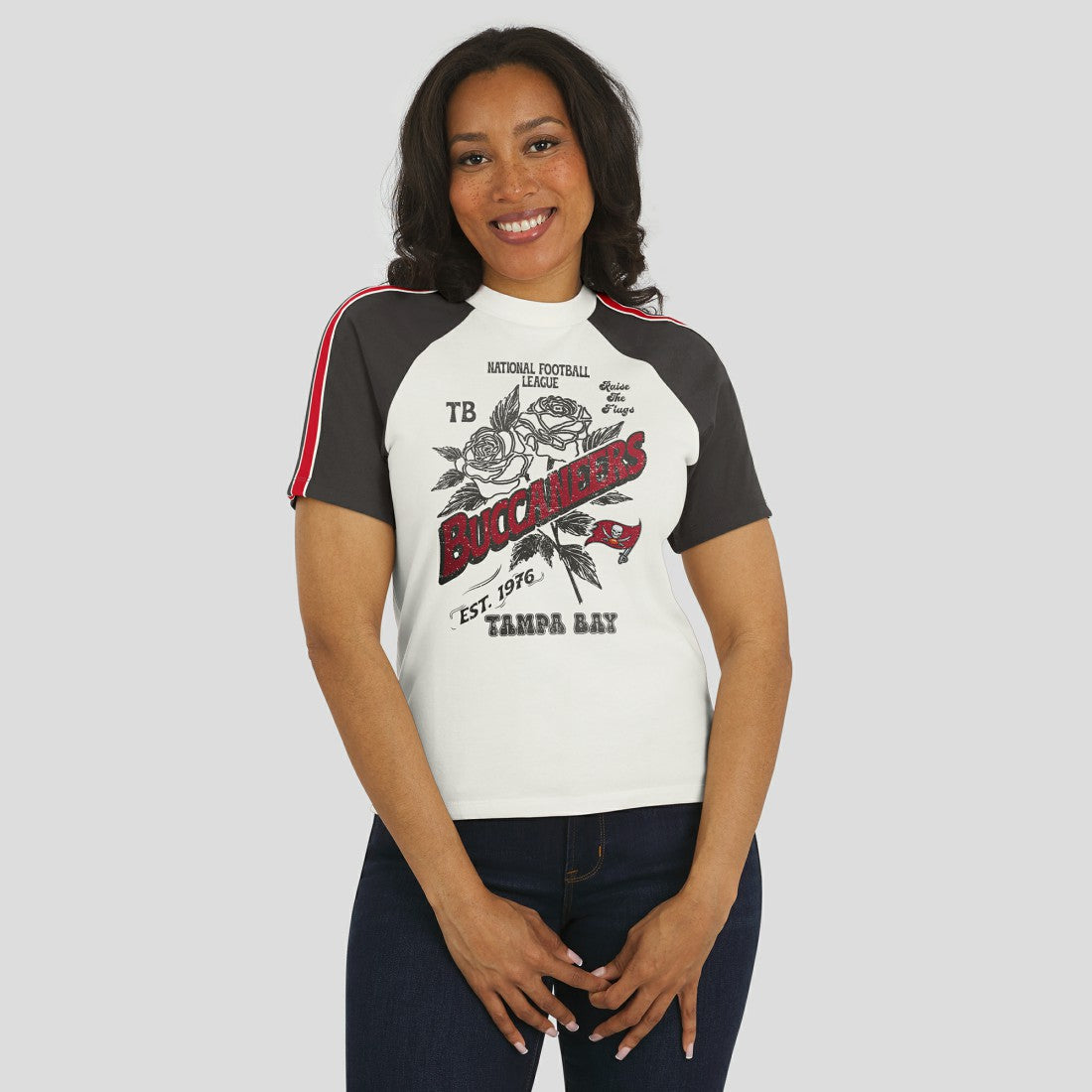 NFL Tampa Bay Buccaneers WEAR by Erin Andrews Women's Sleeve Stripe Distressed Raglan T-Shirt