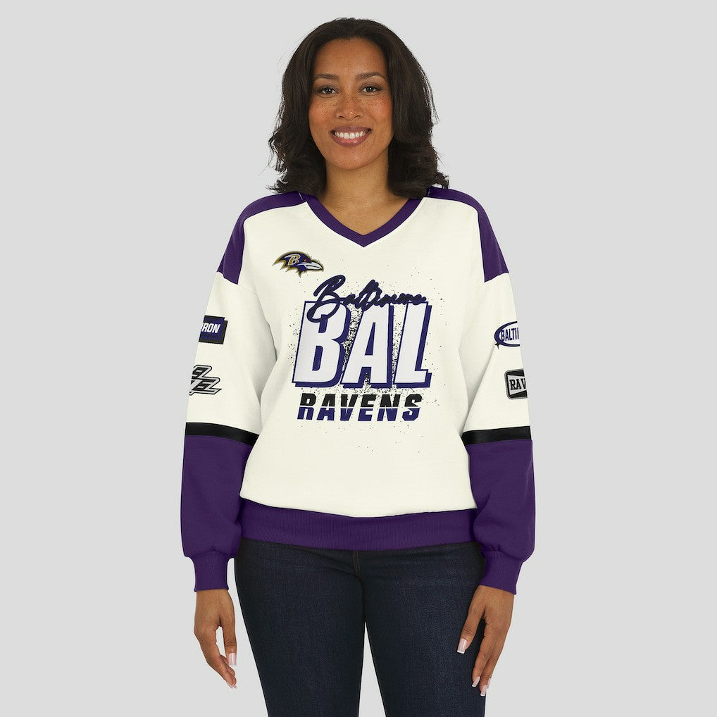NFL Baltimore Ravens WEAR by Erin Andrews Women's Racing Crew V-Neck Sweatshirt