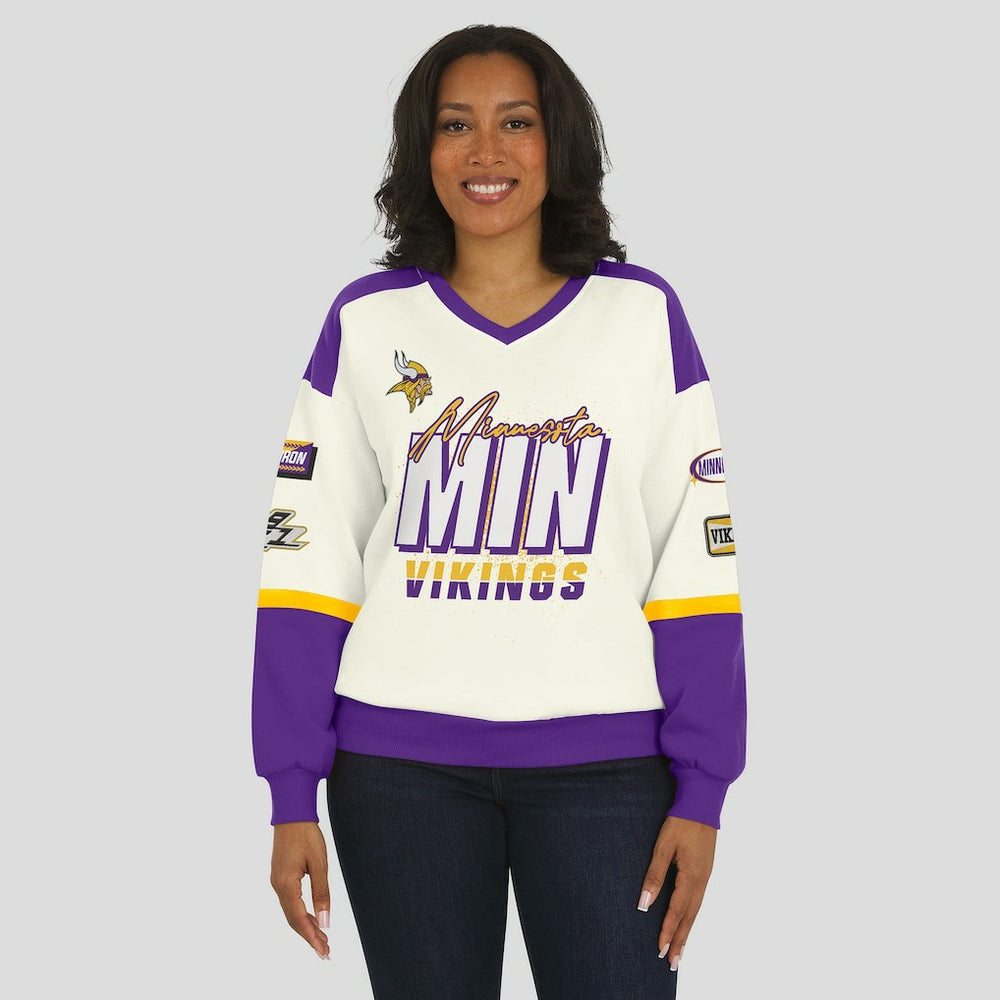 NFL Minnesota Vikings WEAR by Erin Andrews Women's Racing Crew V-Neck Sweatshirt