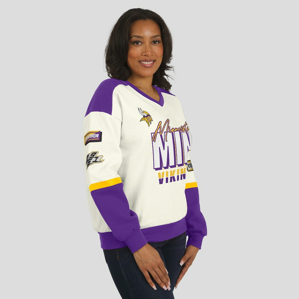 NFL Minnesota Vikings WEAR by Erin Andrews Women's Racing Crew V-Neck Sweatshirt