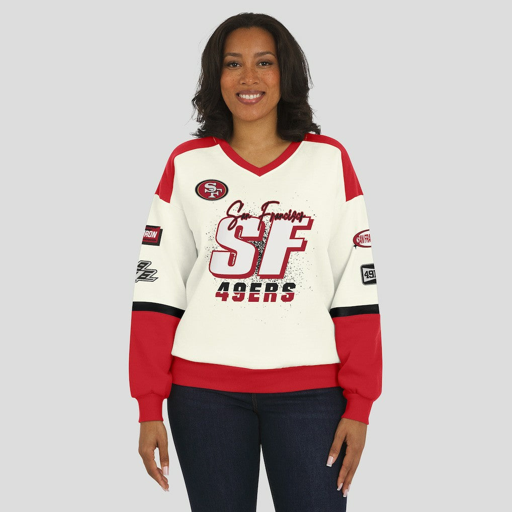 NFL San Francisco 49ers WEAR by Erin Andrews Women's Racing Crew V-Neck Sweatshirt