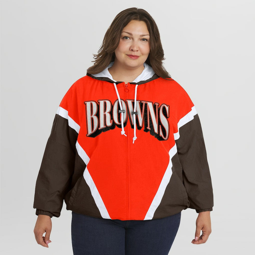 NFL Cleveland Browns WEAR by Erin Andrews Women's Plus Size Retro Crinkle Full-Zip Hoodie Windbreaker Jacket