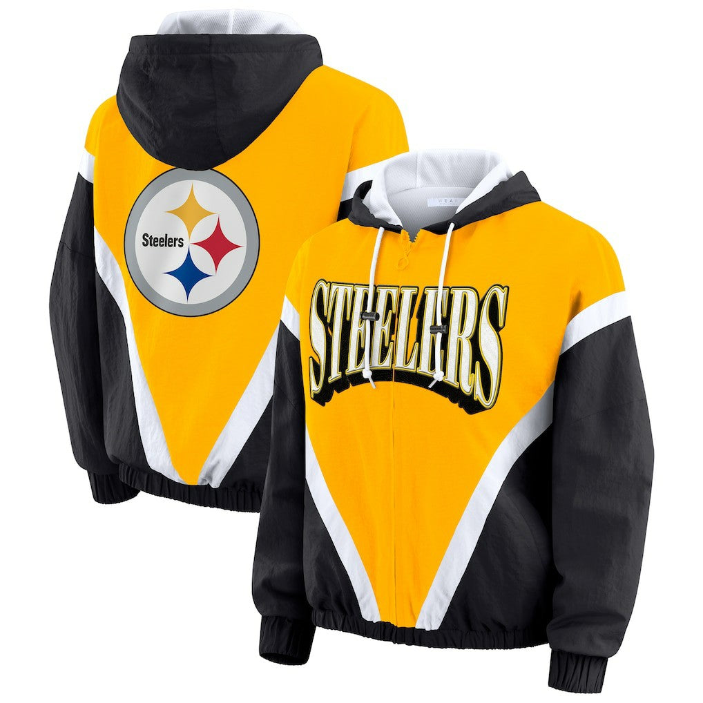 NFL Pittsburgh Steelers WEAR by Erin Andrews Women's Plus Size Retro Crinkle Full-Zip Hoodie Windbreaker Jacket