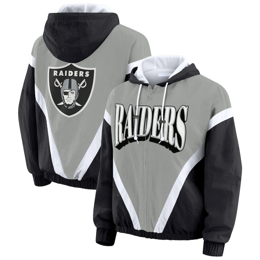 NFL Las Vegas Raiders WEAR by Erin Andrews Women's Plus Size Retro Crinkle Full-Zip Hoodie Windbreaker Jacket